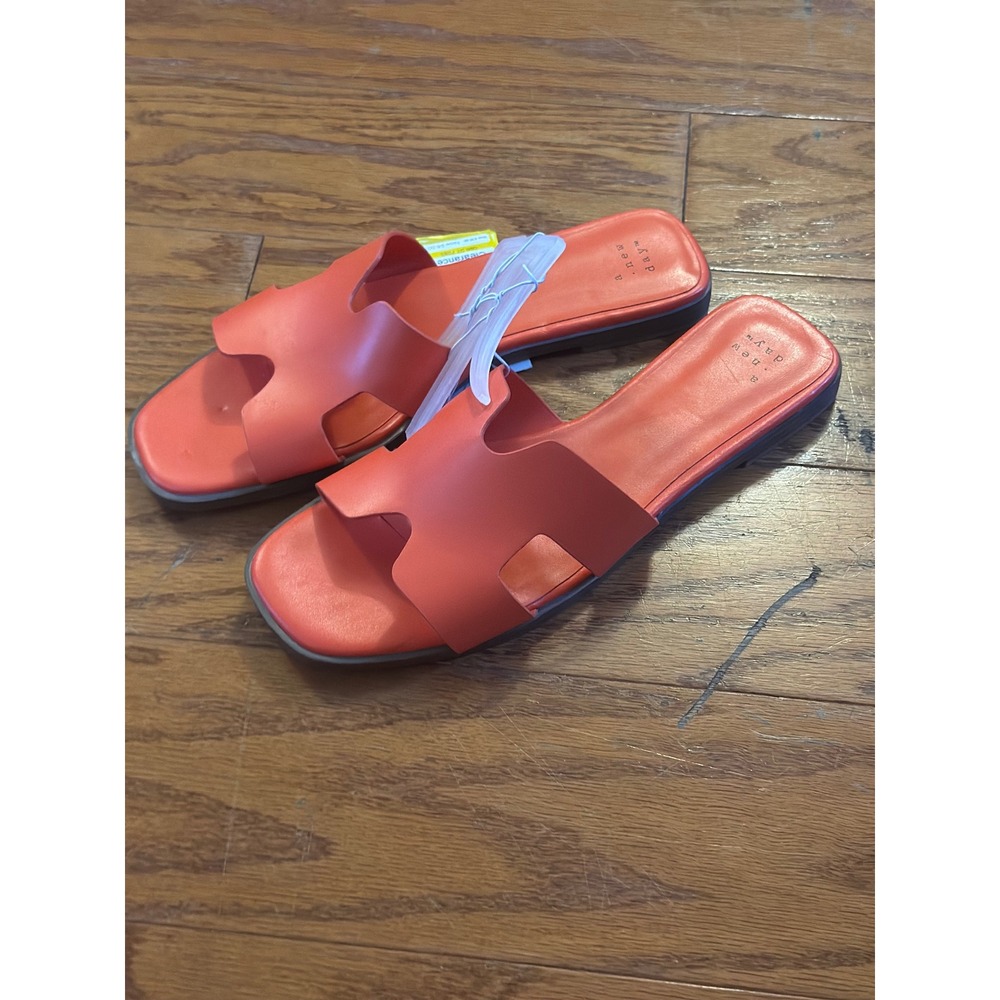 A New Day Women Orange H-Band Slide Sandals Square Toe Flat Mules Size 8.5 NEW